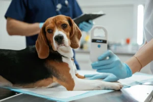 Two doctors are checking diabetes in a dog.