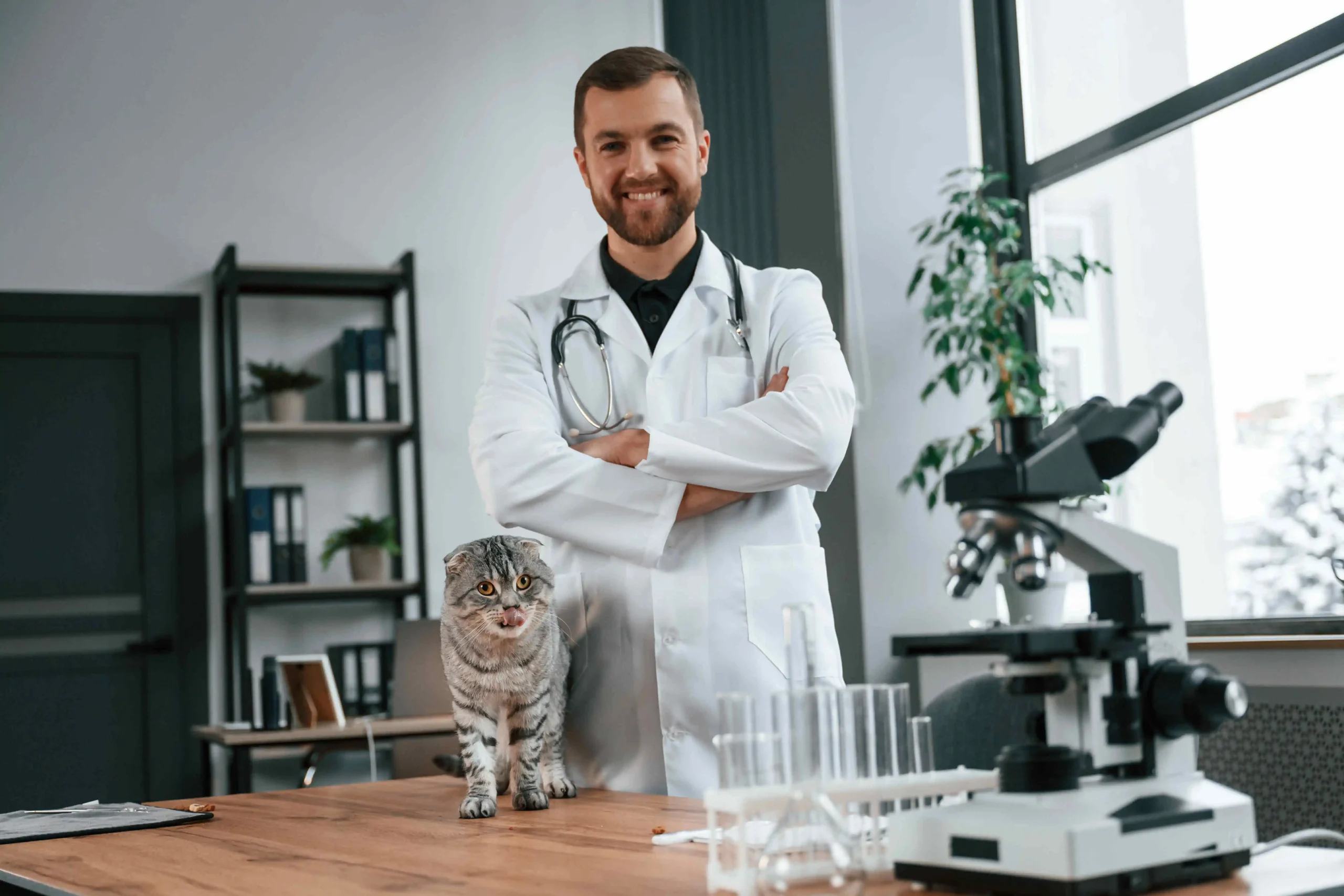 A Doctor in a white coat standing next to a gray cat on a table, surrounded by lab equipment like a microscope.
