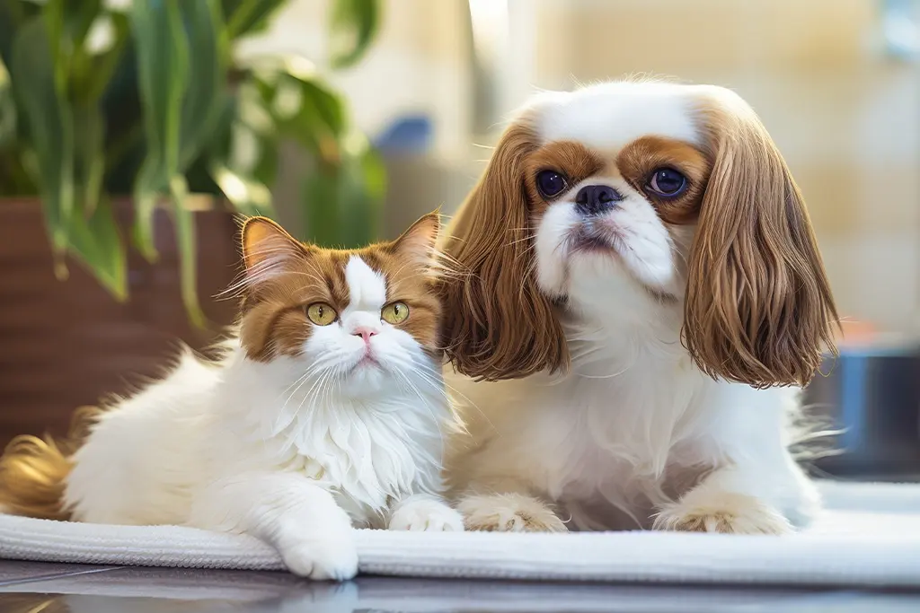 A cat and a small dog sitting together on a soft surface, showcasing the companionship between pets in a calm, cozy environment.
