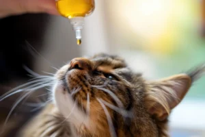 A close-up of a tabby cat's face, with a dropper of CBD oil being administered