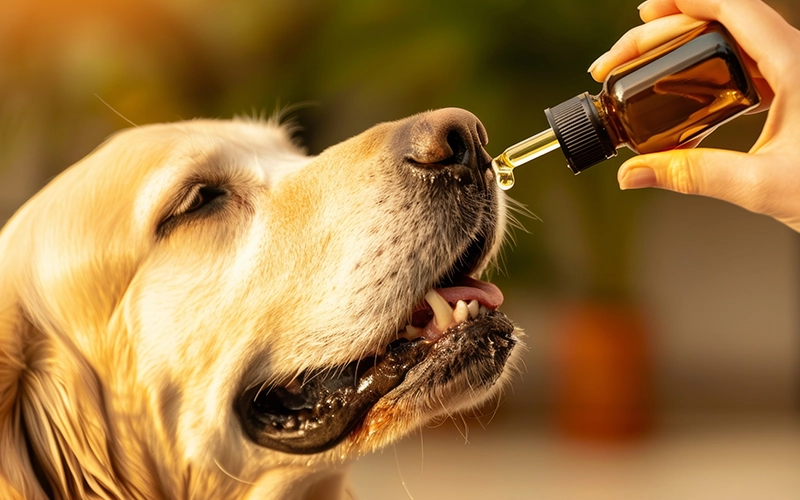 Golden retriever getting cbd oil treatment from pet owner hand