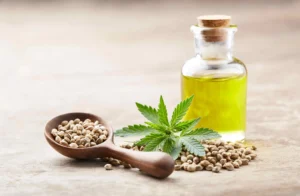 Hemp Oil with Seeds and Cannabis Plant