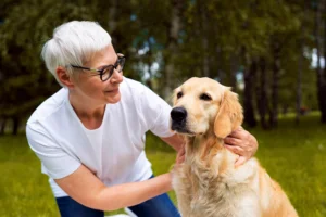 Senior woman caring for her Golden Retriever for joint relief.