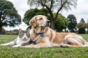 Tabby Cat and Toller Dog Meadow Friendship