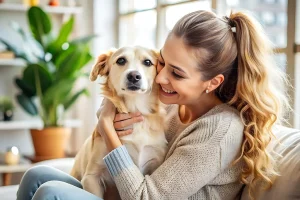 A woman hugging her Golden Retriever in a bright living room, reflecting the strong emotional bond between pet and owner.