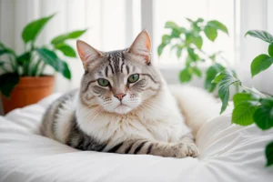 A healthy cat lounging on a white cushion, surrounded by green indoor plants.