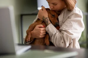 A woman hugging her Hyperactive Dogs closely, showing affection and care in a cozy indoor setting. The scene captures a tender moment between the pet and owner.