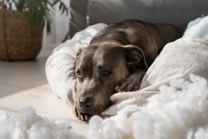 A gray dog resting on a soft cushion in a cozy room, surrounded by stuffing from a torn pillow, looking calm and relaxed.