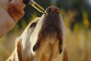 Close-up view of a golden retriever's nose as CBD oil is carefully administered from a dropper, outdoors with a blurred nature background.