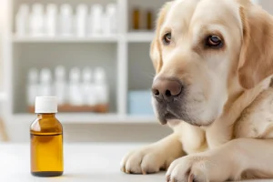 Golden retriever lying on a table next to an MCT oil bottle, looking calm and curious.