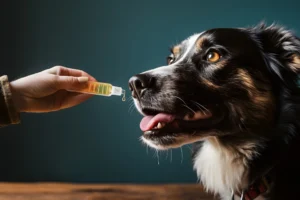 A dog with black, white, and brown fur happily looking at a hand holding a dropper of CBD oil close to its nose, with a dark green background.