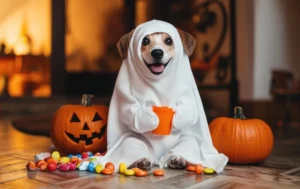 A cute dog dressed as a ghost, sitting among Halloween candy and pumpkins, with a cheerful expression.