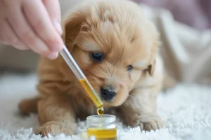 Puppy sniffing CBD oil being dropped into a container.
