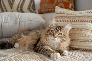 Siberian-cat-lying-on-sofa-in-living-room-at home