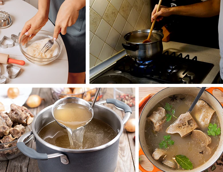 Step-by-step cooking process of making homemade bone broth, including preparation, simmering, and finished broth in pots