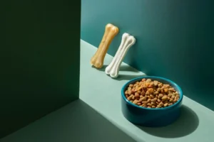 A modern still-life arrangement featuring a blue bowl filled with dog kibble and two bone-shaped treats resting against a green backdrop.