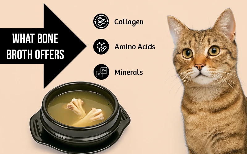 Infographic showing benefits of bone broth for cats including collagen, amino acids, and minerals with a cat and bowl of broth