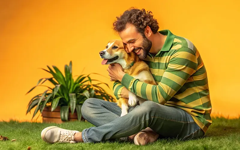Person in a striped shirt hugging a happy corgi on a grassy floor against an orange background.