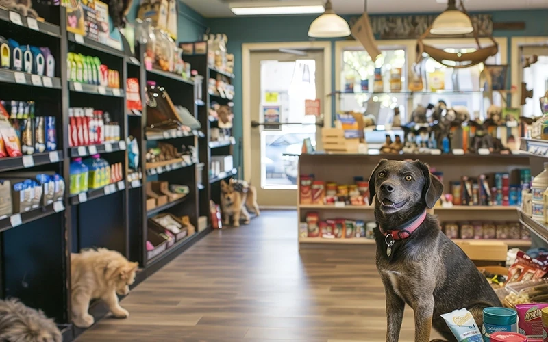 A cozy pet store interior with shelves stocked with pet supplies and a dog sitting near the aisle, creating a welcoming atmosphere for pet owners.