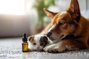 A relaxed dog and curious kitten lying beside a bottle of CBD oil